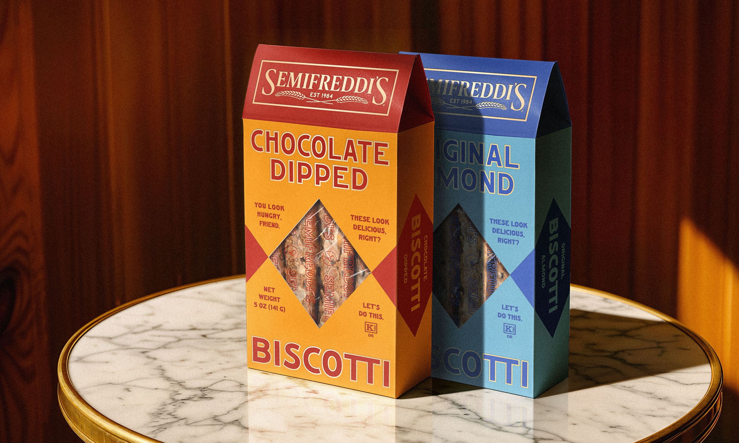 A Semifreddi's chocolate dipped biscoti packaging design