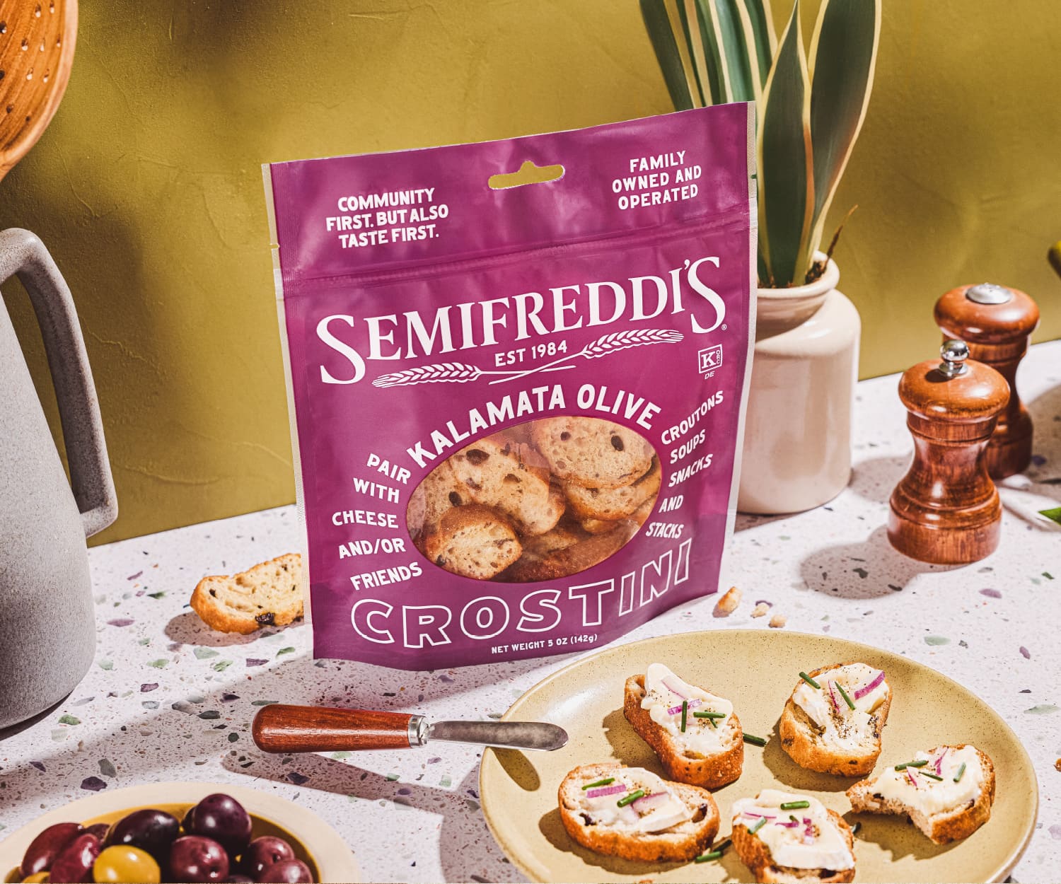 A Semifreddi's Kalamata Olive bread packaging design