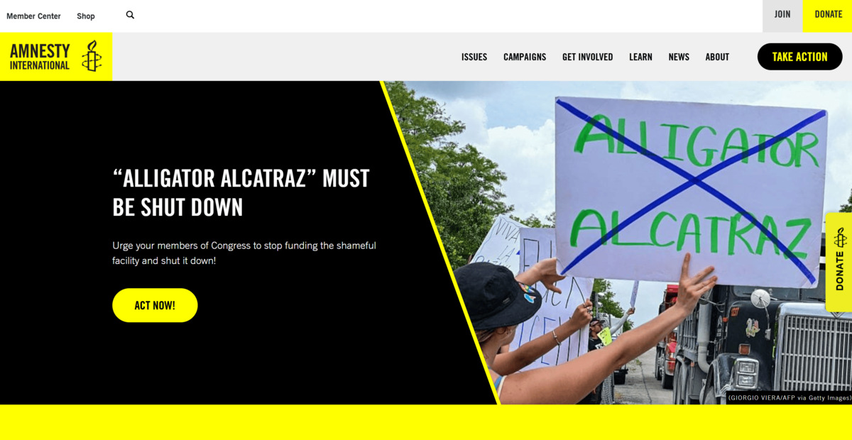 An Amnesty International yellow website layout