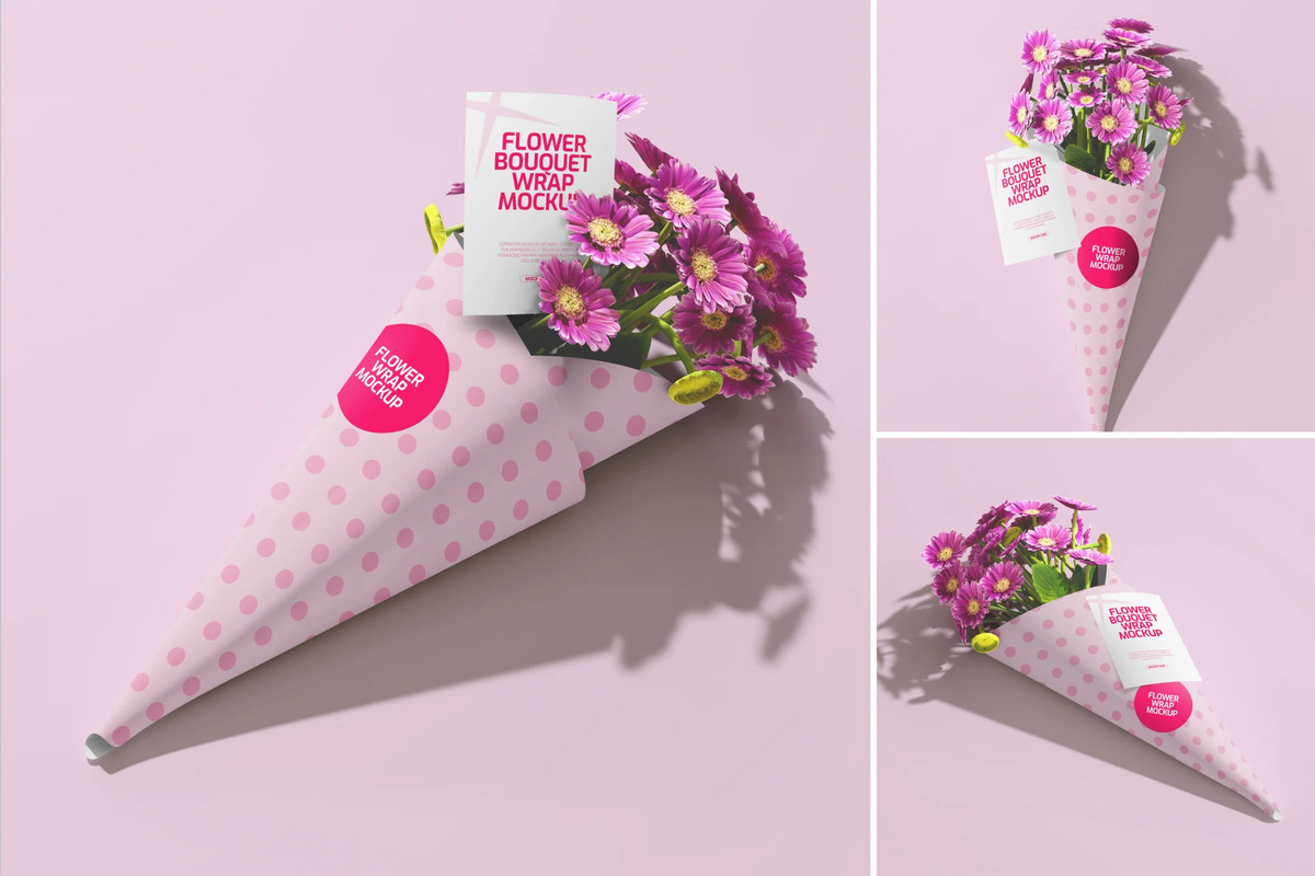 A flower bouquet cone mockup set