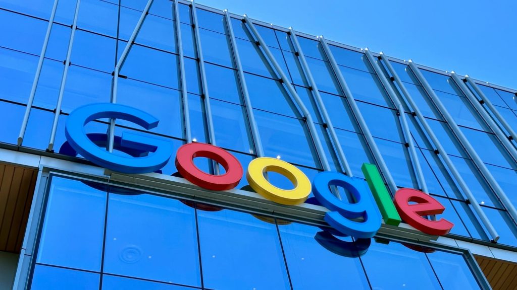 Google logo on blue building