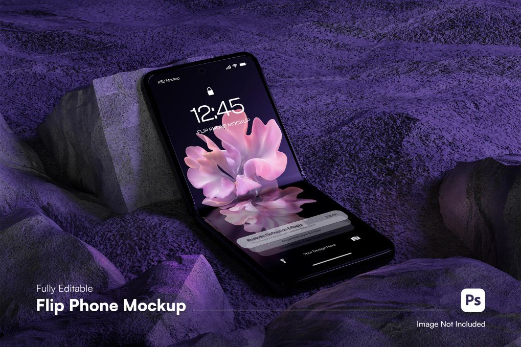 A flip phone mockup on the violet background