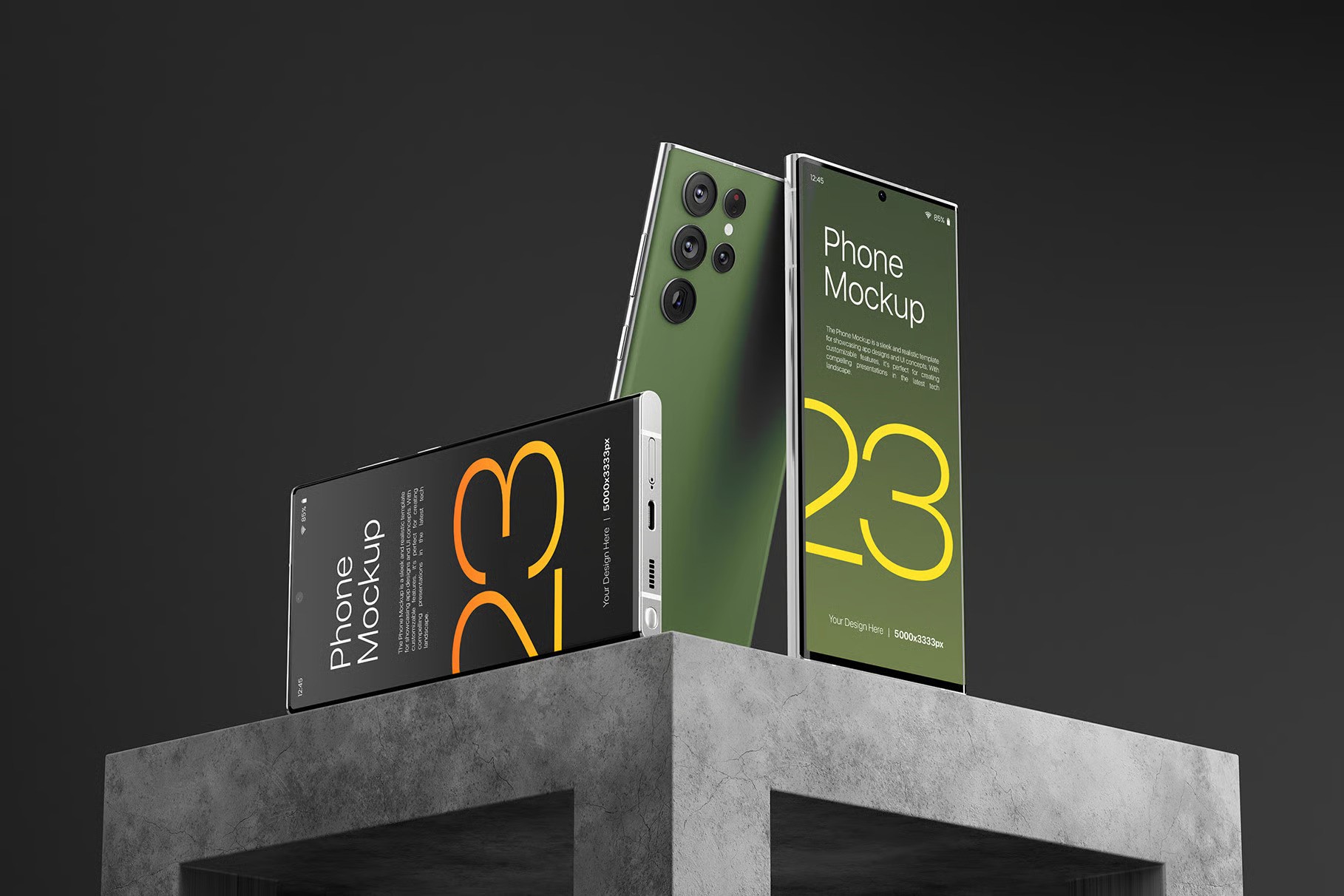 A photorealistic standing Galaxy S23 mockup