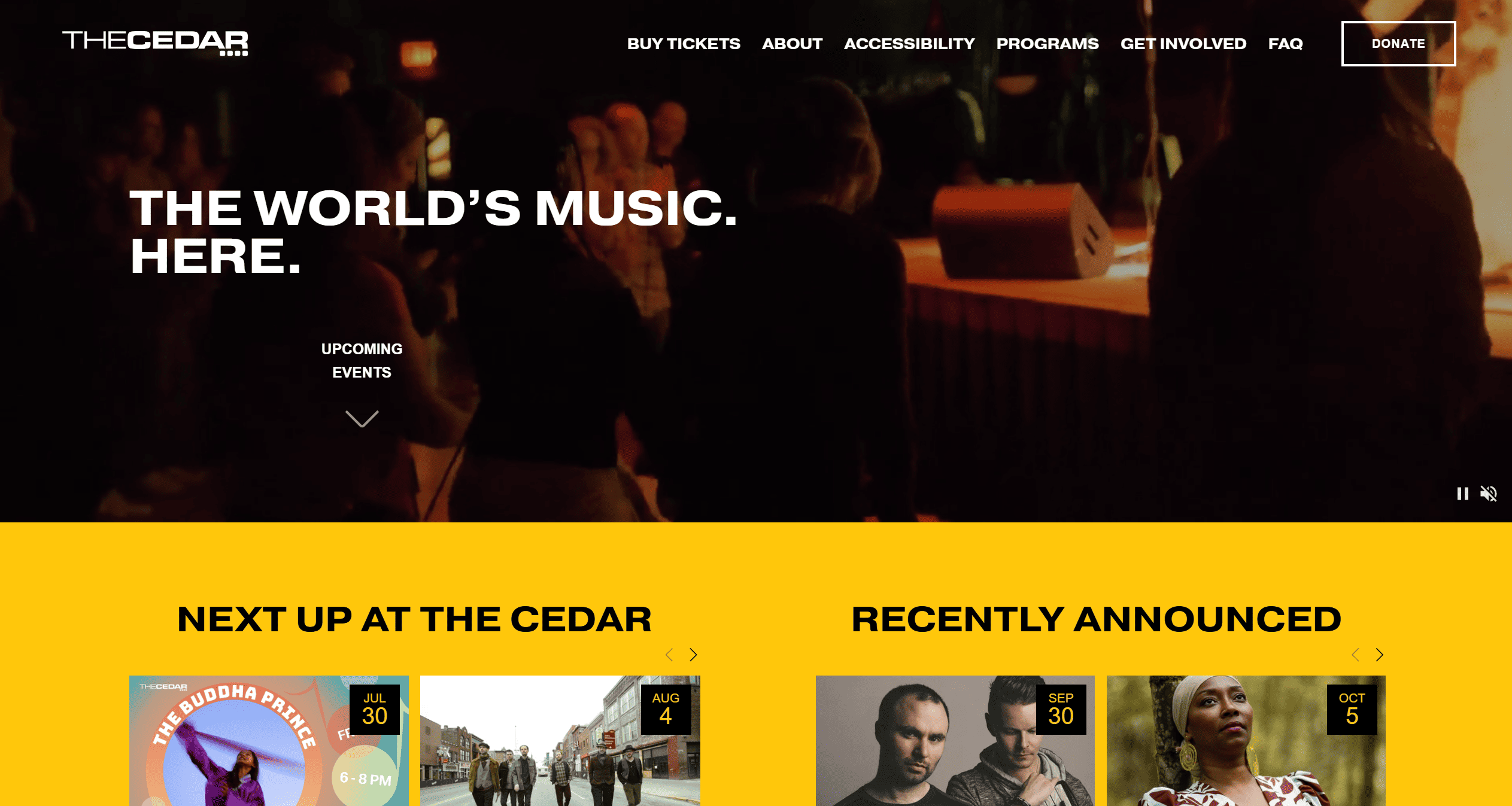 The Cedar a yellow website layout with video