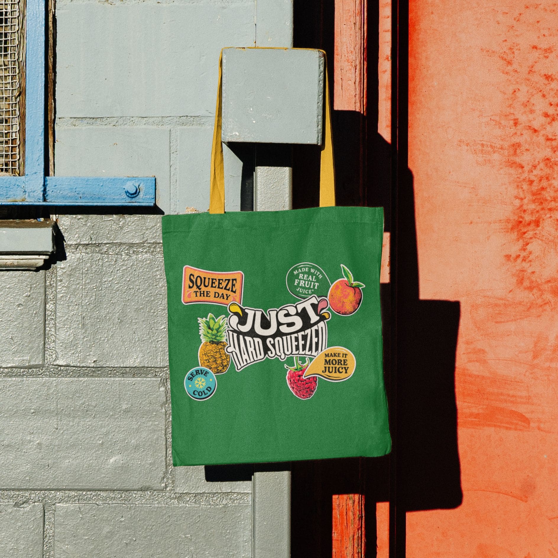 A tote bag with beverage logo