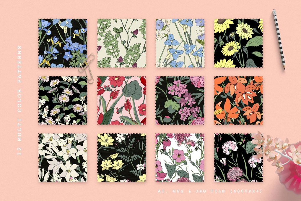 A set of seamless flower patterns