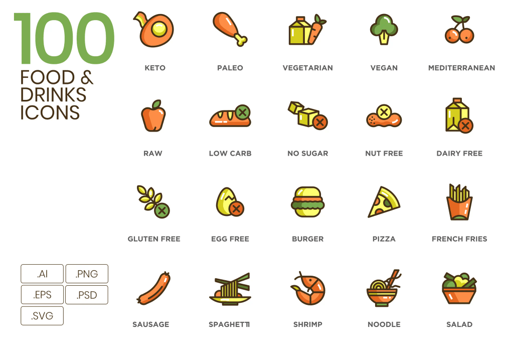 A colored food and drink icons