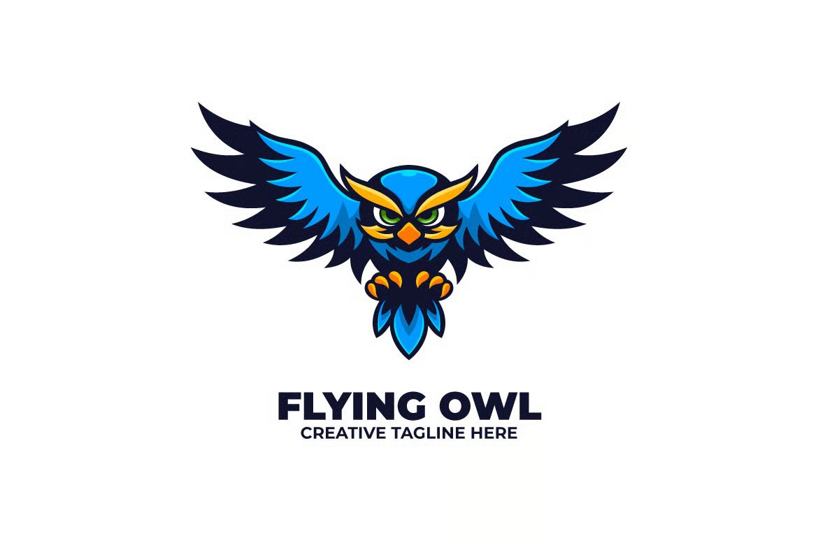 A flying blue own bird logo template