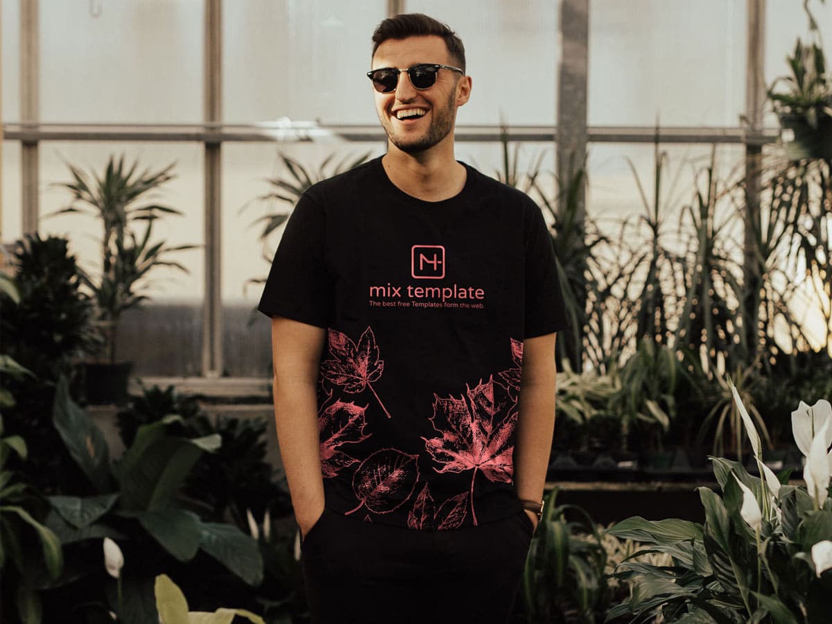 A free man wearing black t-shirt mockup