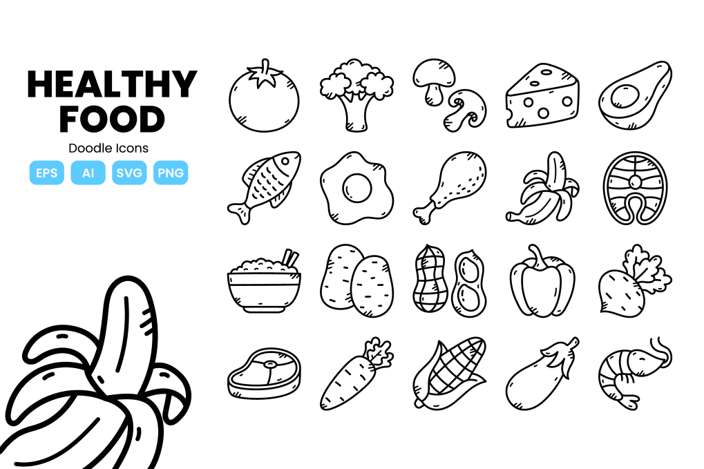 A healthy food doodle icons