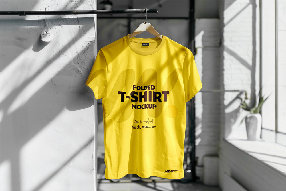 A yellow t-shirt hanging mockup