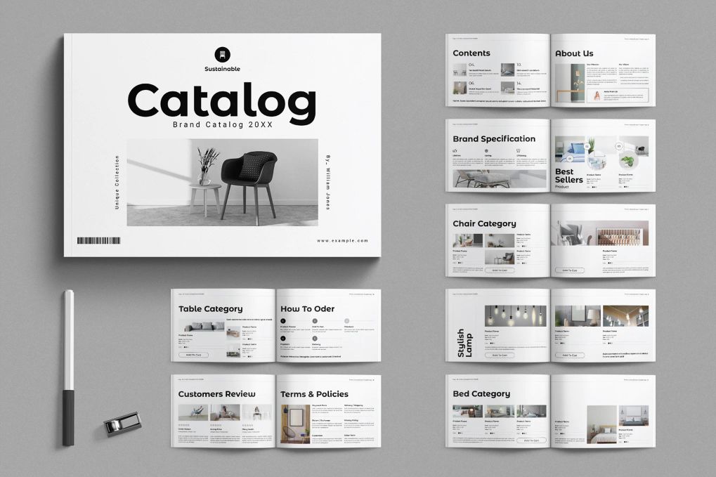 A product catalog brochure template in landscape style