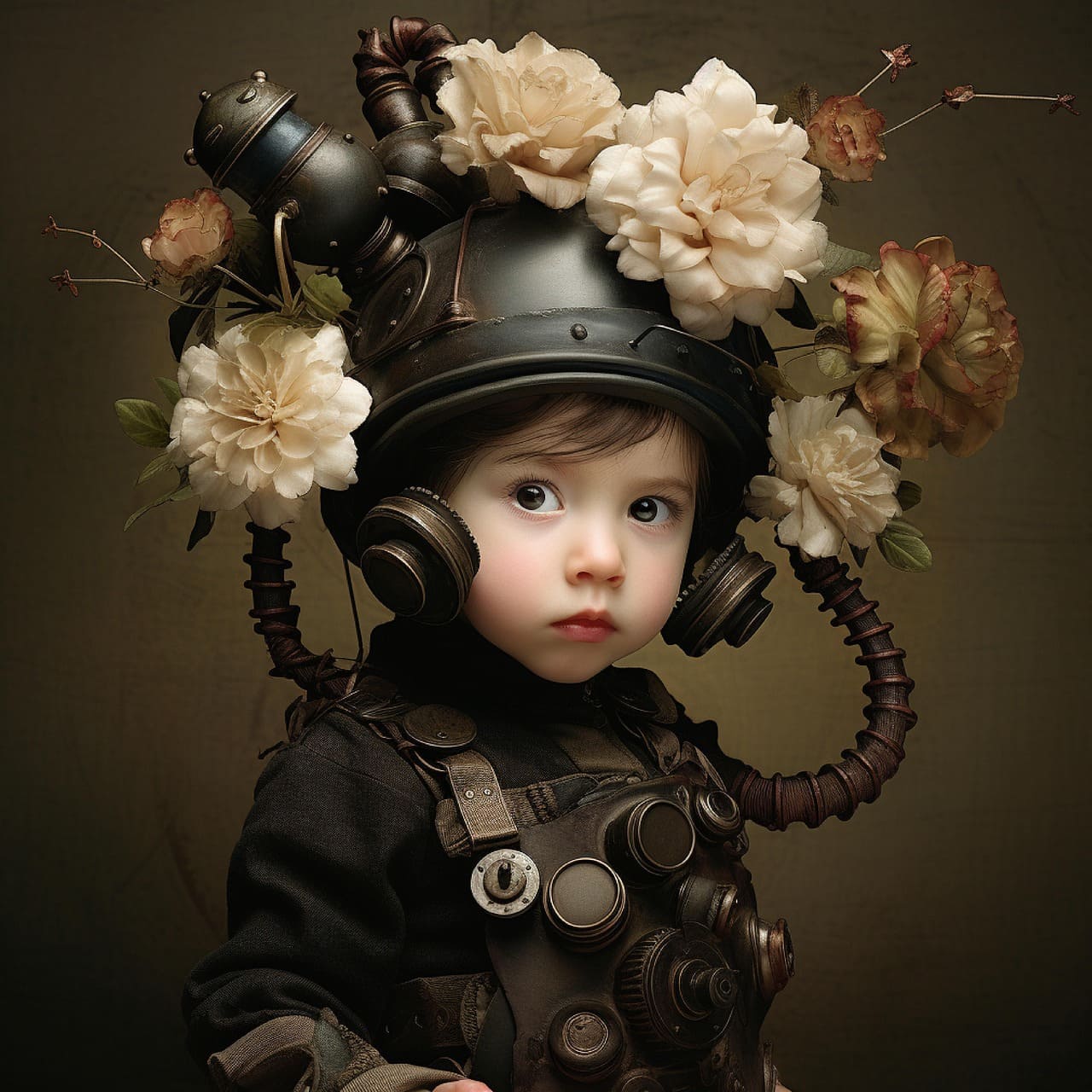 A Steampunk fantasy boy with flowers