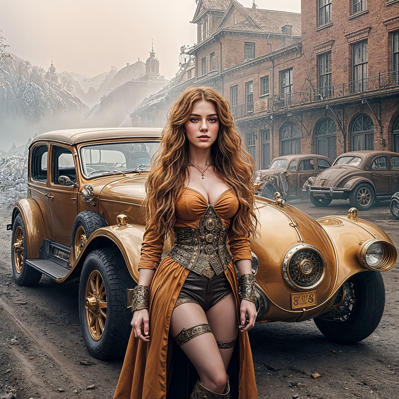 A Steampunk woman by car