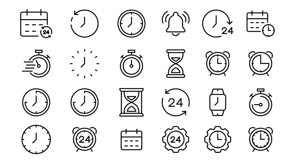 A free time and clock linear icon set