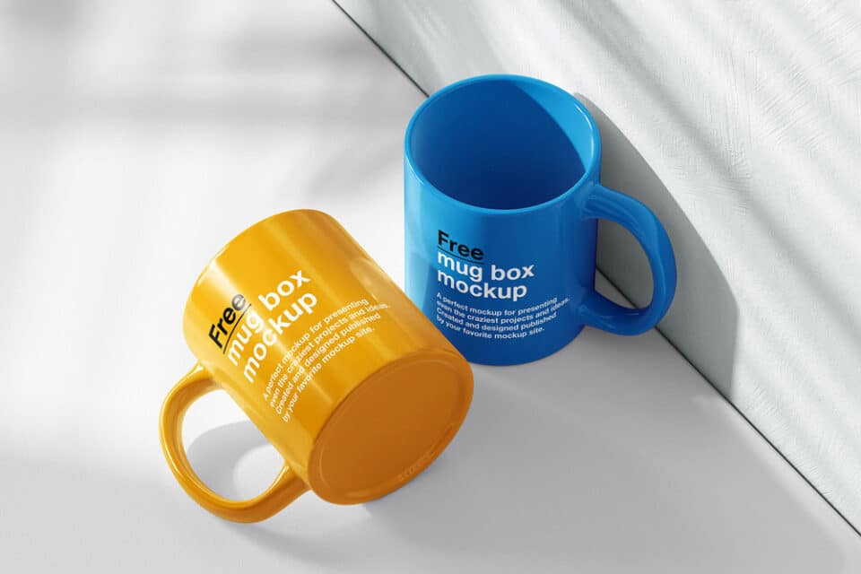 A free mug on white shelf mockup