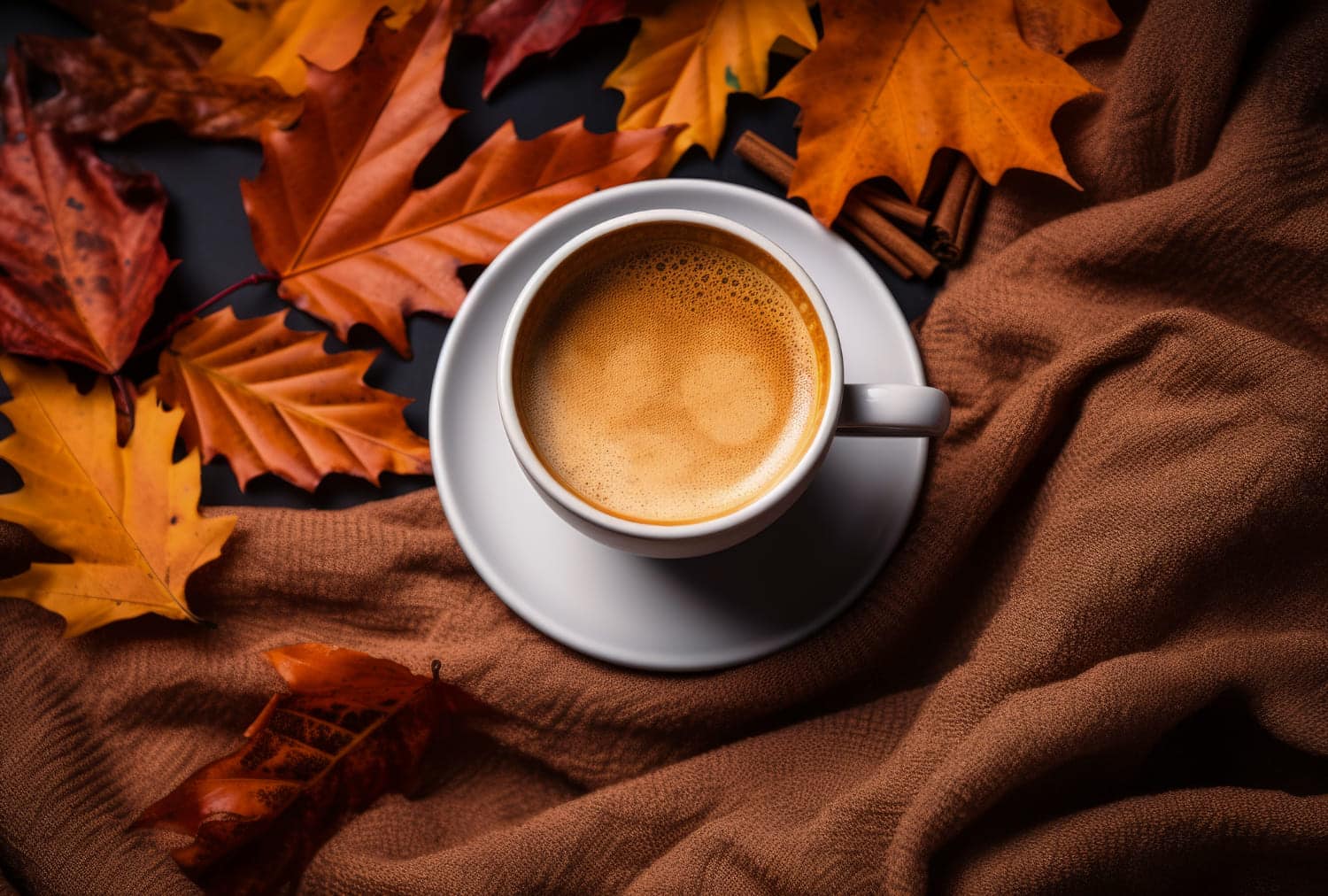 An autumn coffee with leaves and fabric