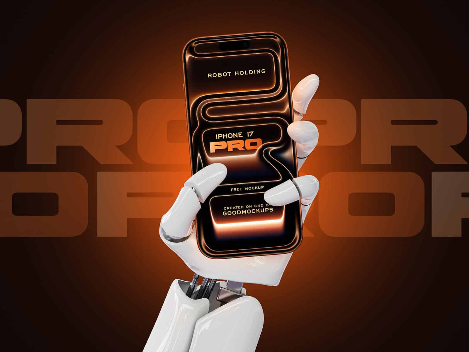 A free robot hand holding iPhone 17 pro mockup