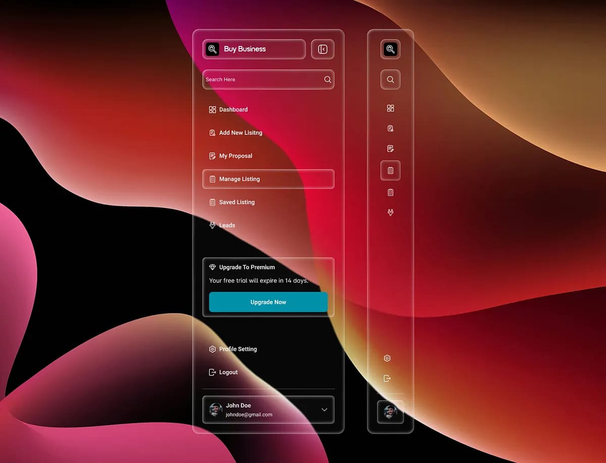 Apple inspired liquid glass dashboard sidebar