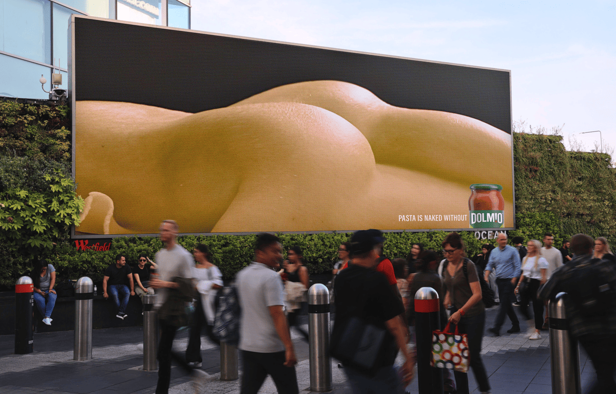 A Dolmio advertisement on the billboard