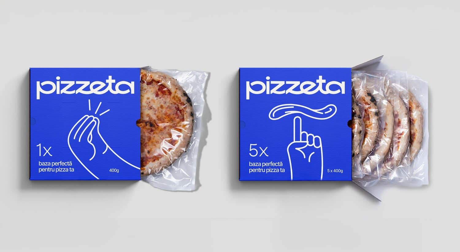 Pizzeta packaging in blue boxes