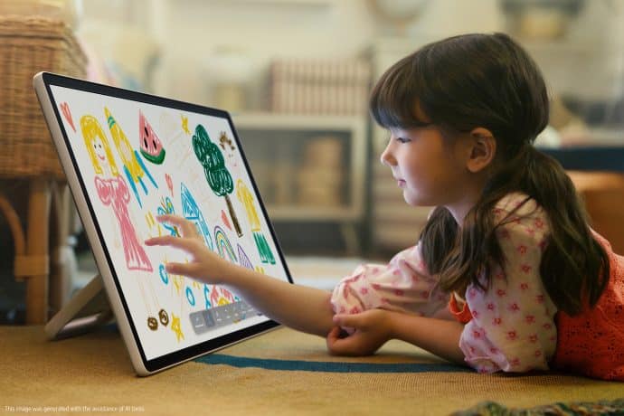 Girl painting on portable display