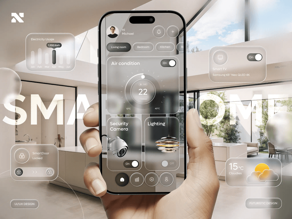 A smart home with liquid glass elements in phone
