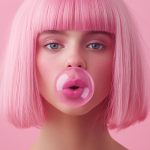 A girl with pink hair and bubble gum