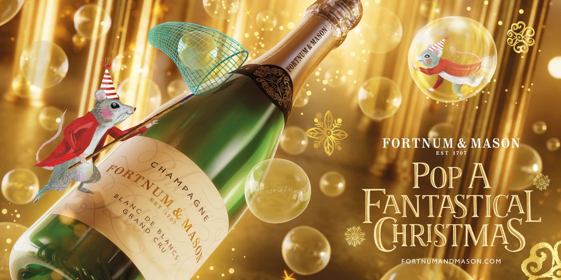 Mouse on champagne bottle