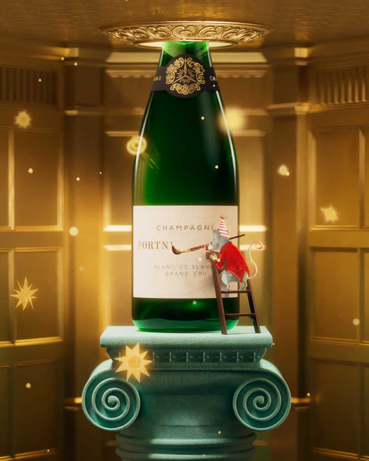 The mouse painting on the Champagne bottle