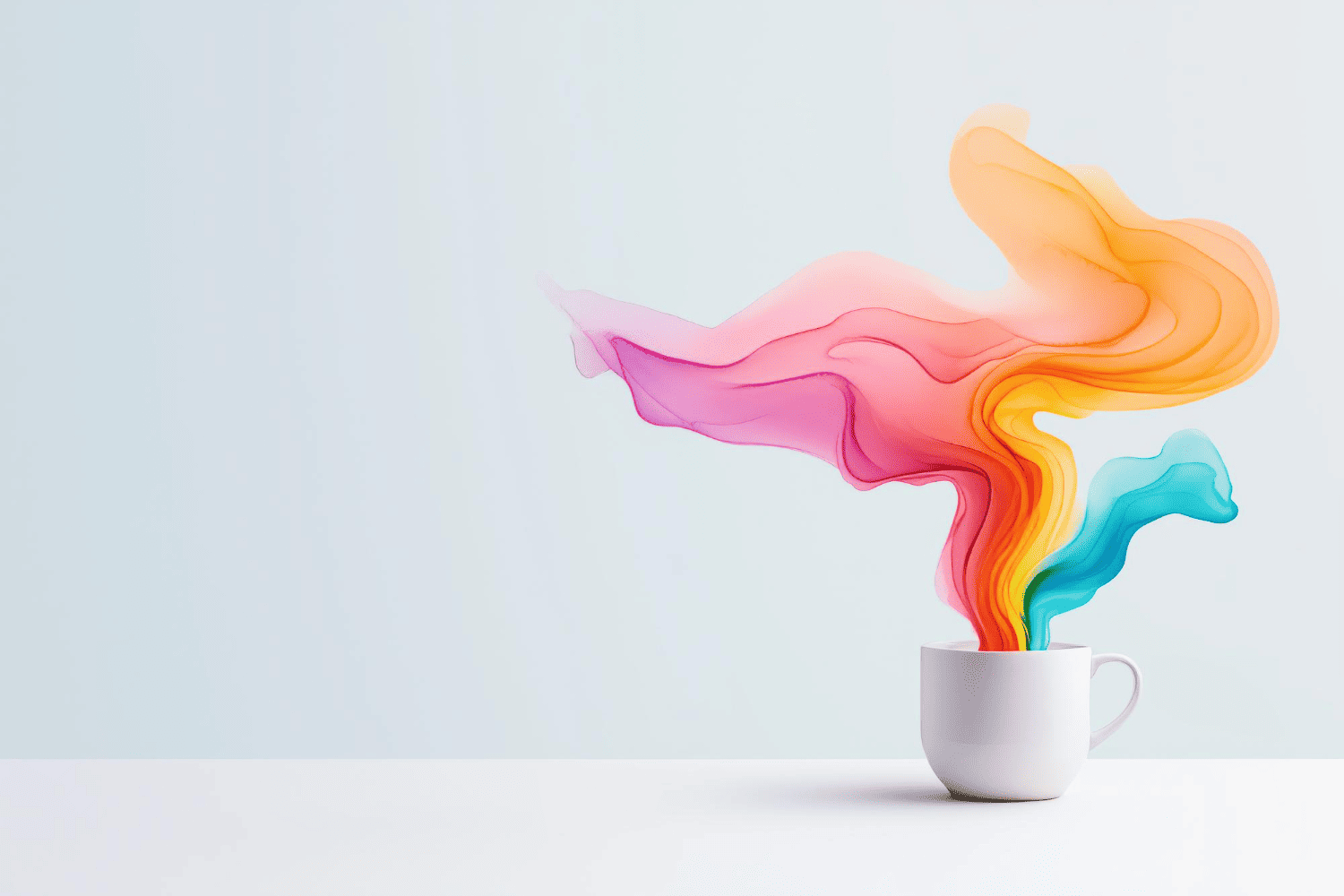 Simple white coffee mug releasing vibrant swirling colorful smoke