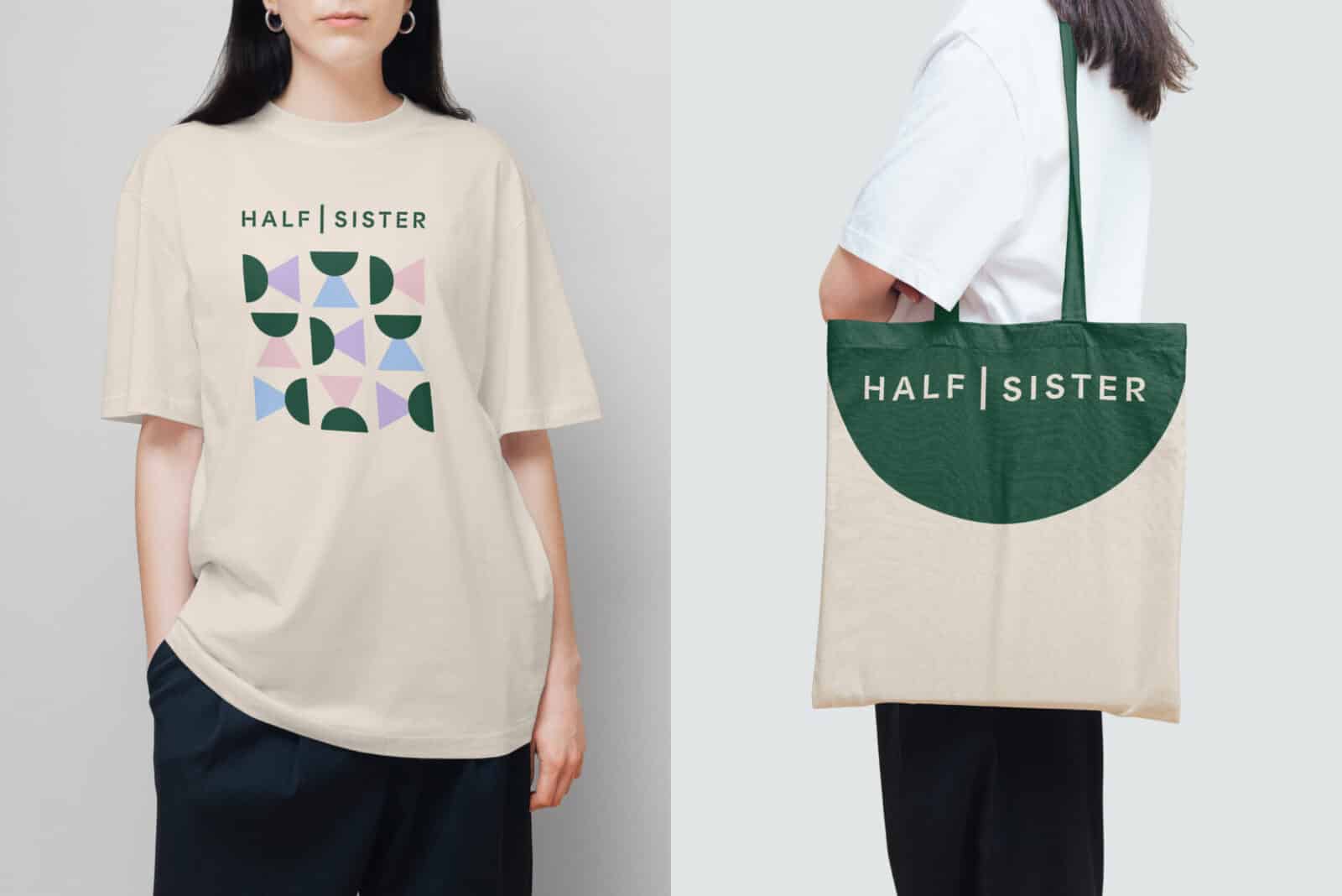 Half Sister brand on t-shirt and tote bag