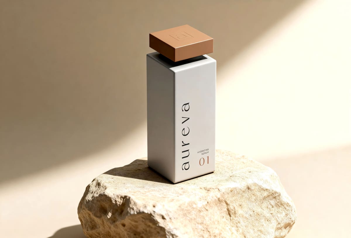Aureva skincare bottle on the stone