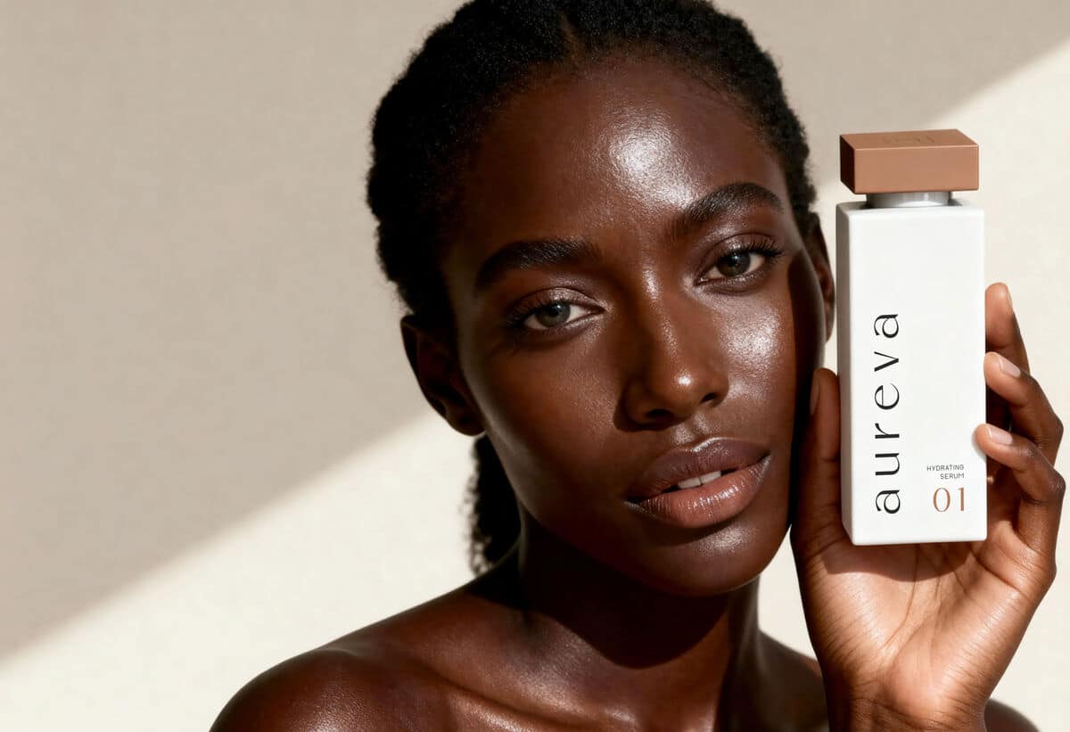 An ebony woman taking in hand an Aureva skincare bottle
