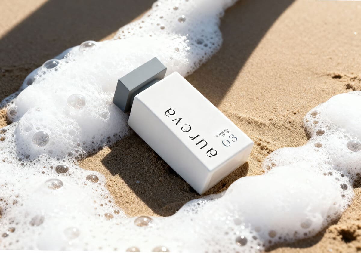 Aureva skincare bottle on the beach sand