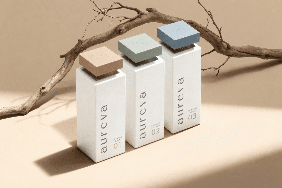 Three Aureva cosmetic bottles standing