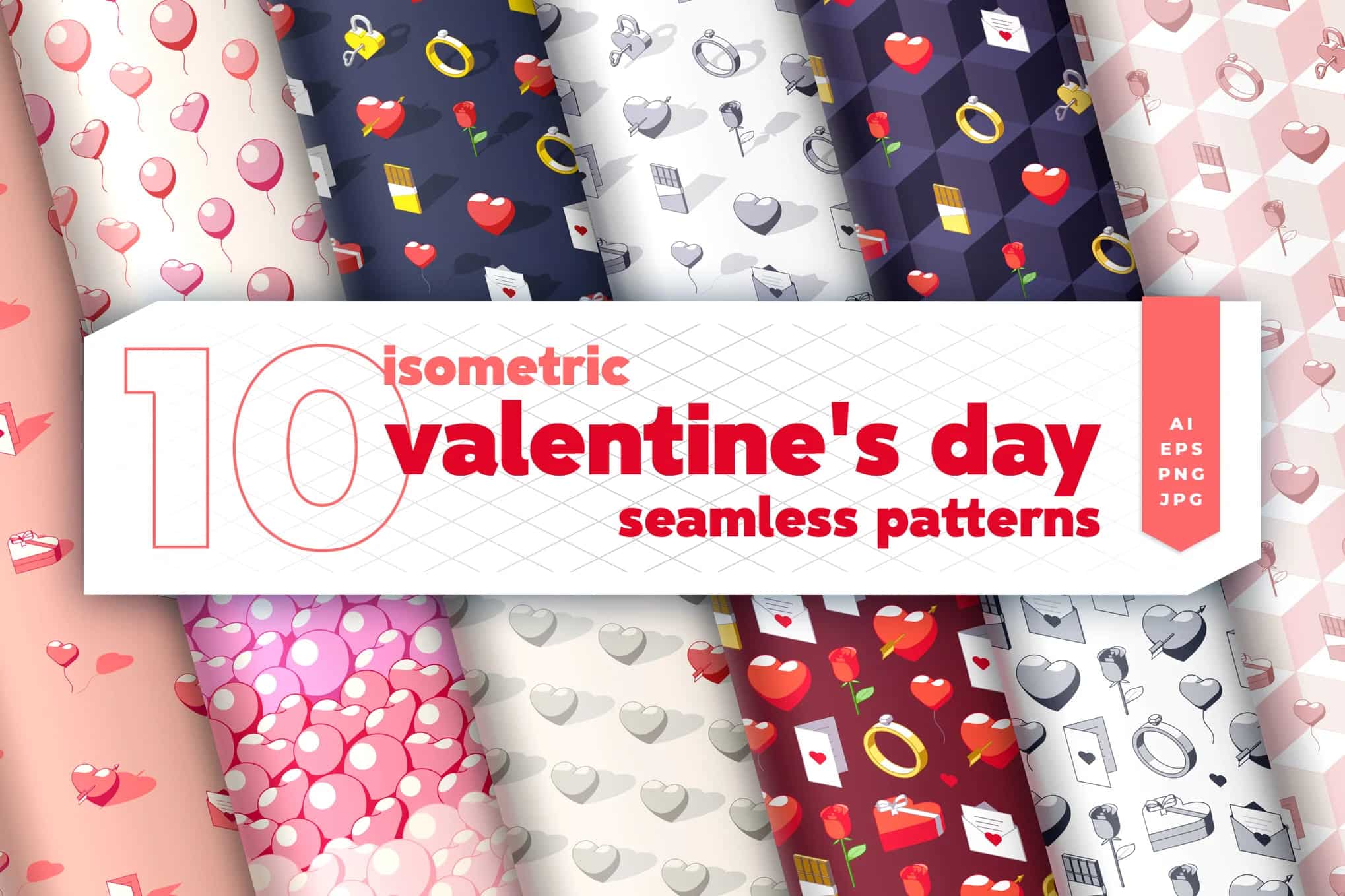 An isometric Valentine's Day seamless patterns