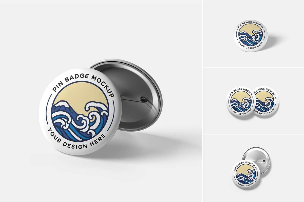 A white pin badge mockup set