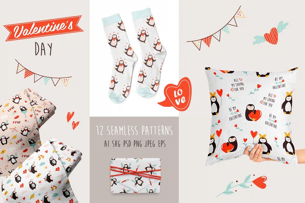 valentine's day seamless patterns with penguins