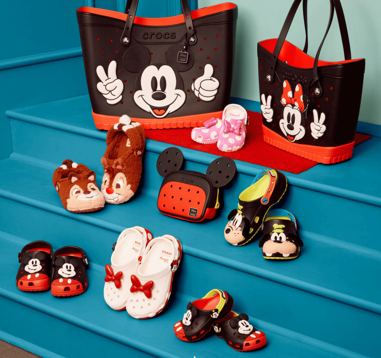 Crocs and Disney-style clogs and tote bags