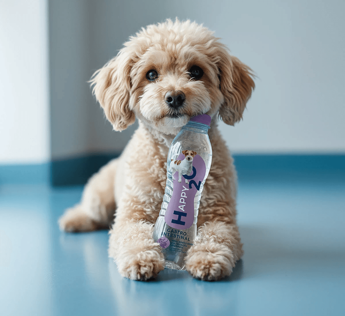 A dog and a Happy2O bottle
