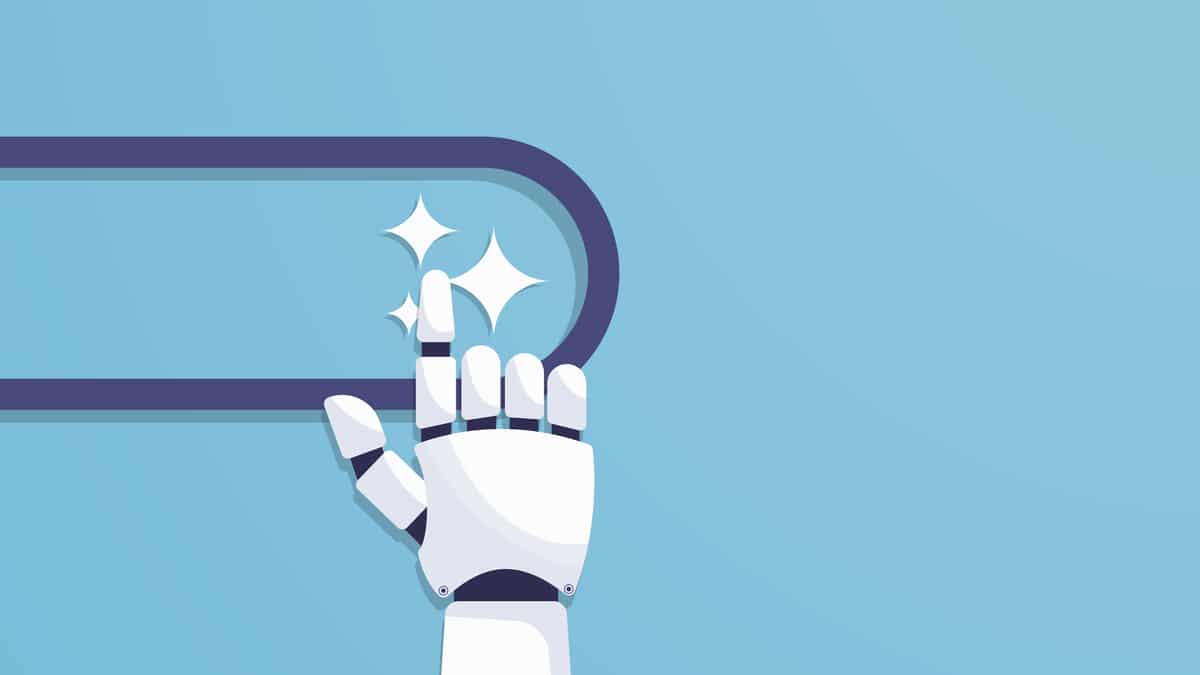 Robot hand clicks on AI search