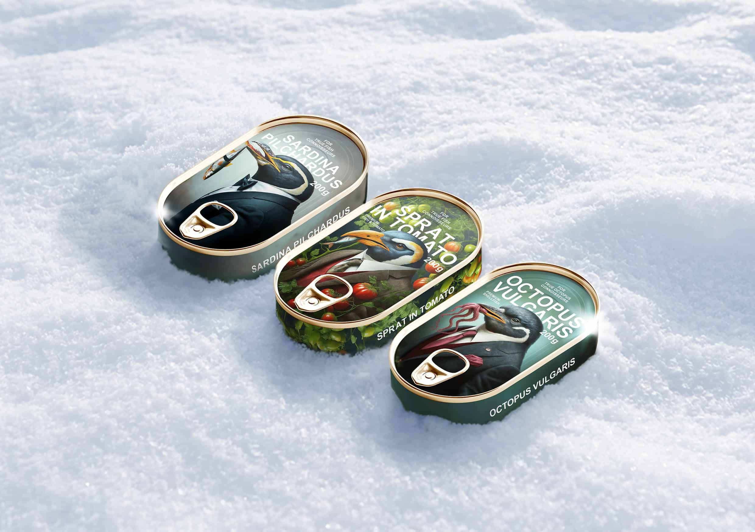 Three cans of seafood on the snow