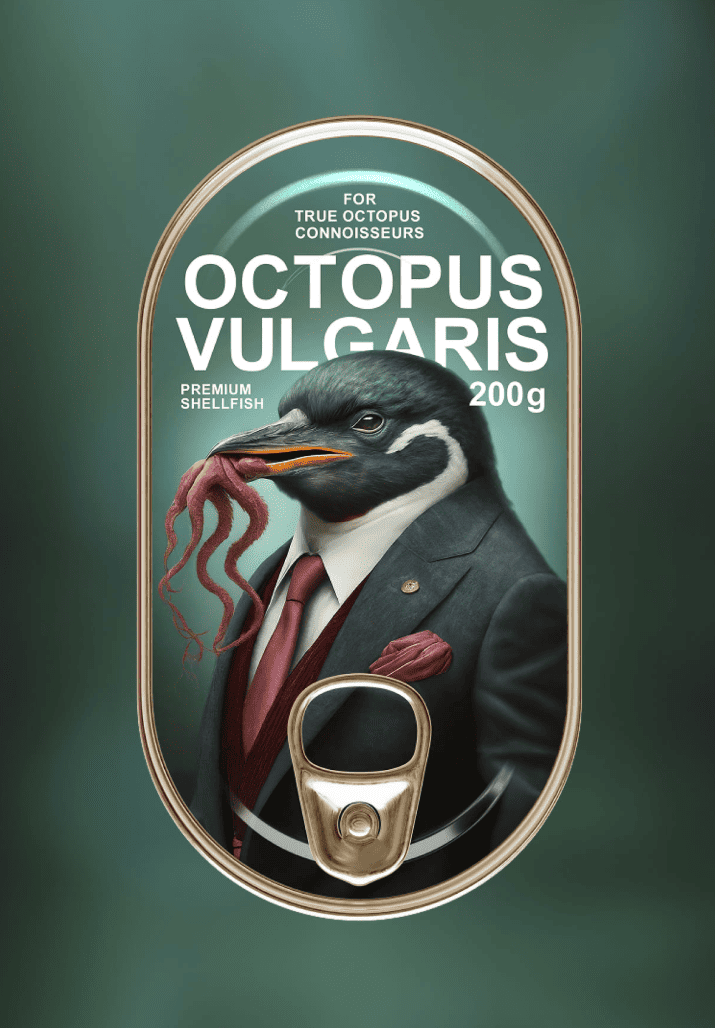 A can of seafood with Penguin